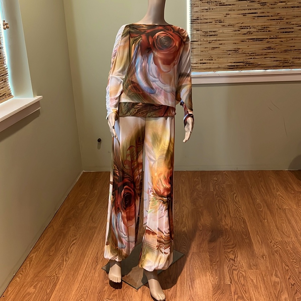 Petit Pois Floral Multi-colored 2 Piece Set With Harem Style Pants & Sheer Top M